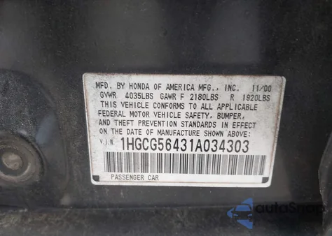 2001 Honda Accord 2.3 Lx z USA, uszkodzony, nr VIN 1HGCG56431A034303